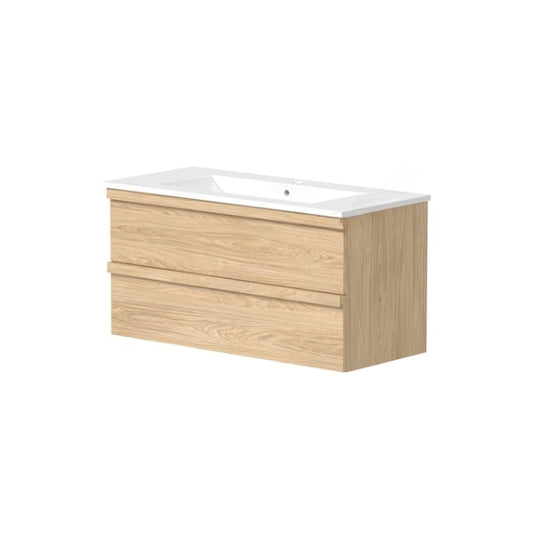 Best 2 Drawer Vanity Unit & Basin 1000mm Light Oak